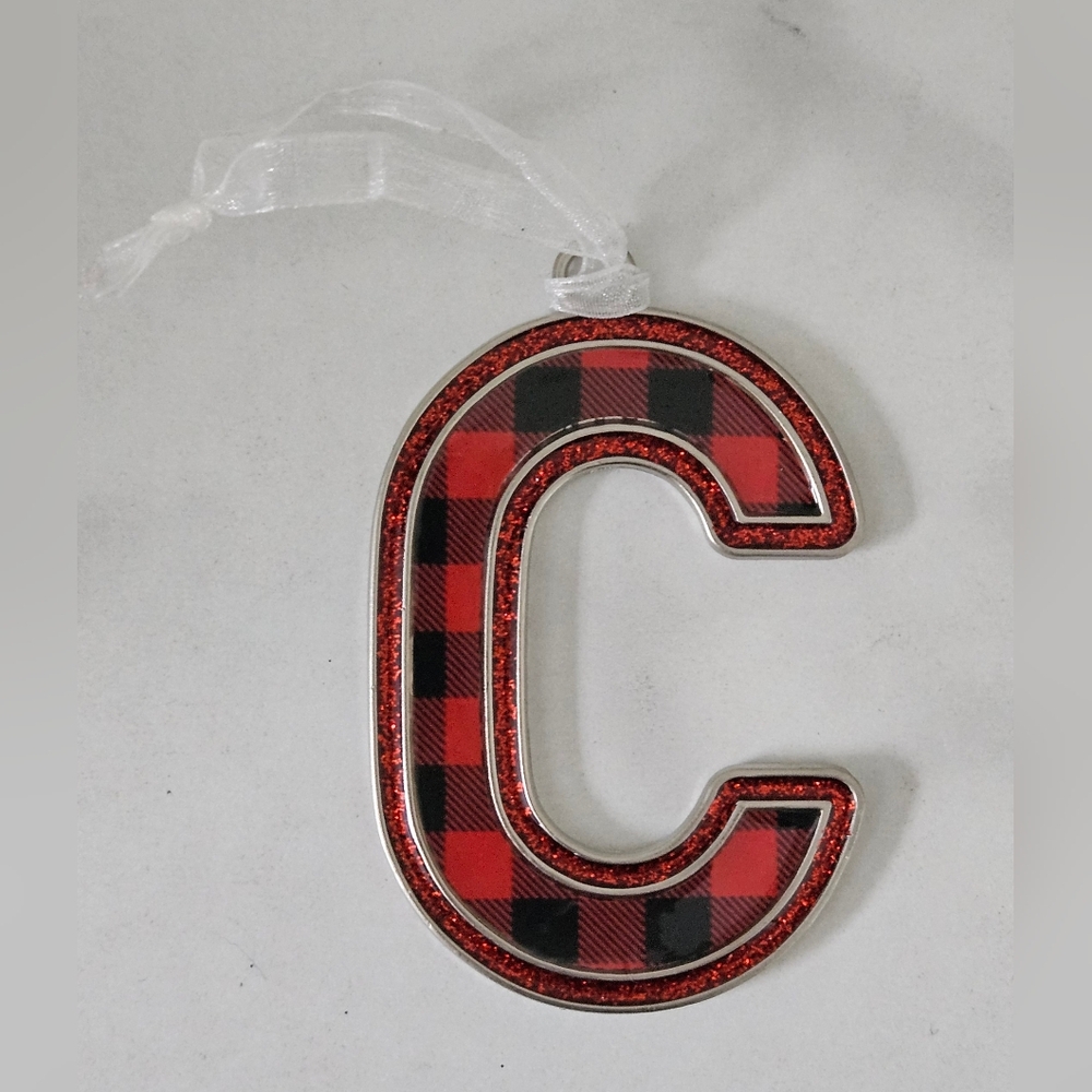 C Monogram Red & Black Buffalo Plaid Metal 3" Ornament